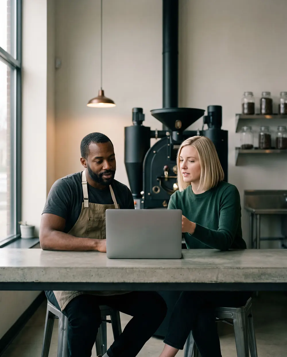 A coffee roastery owner and his accountant sitting side by side at the counter, looking at a laptop together.