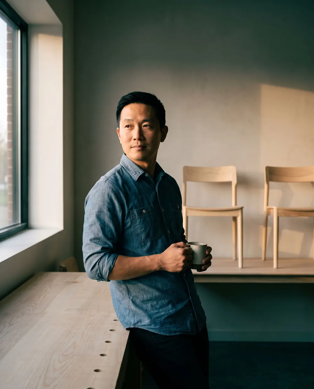 A furniture workshop owner leaning on a workbench at golden hour, coffee in hand, looking out the window.