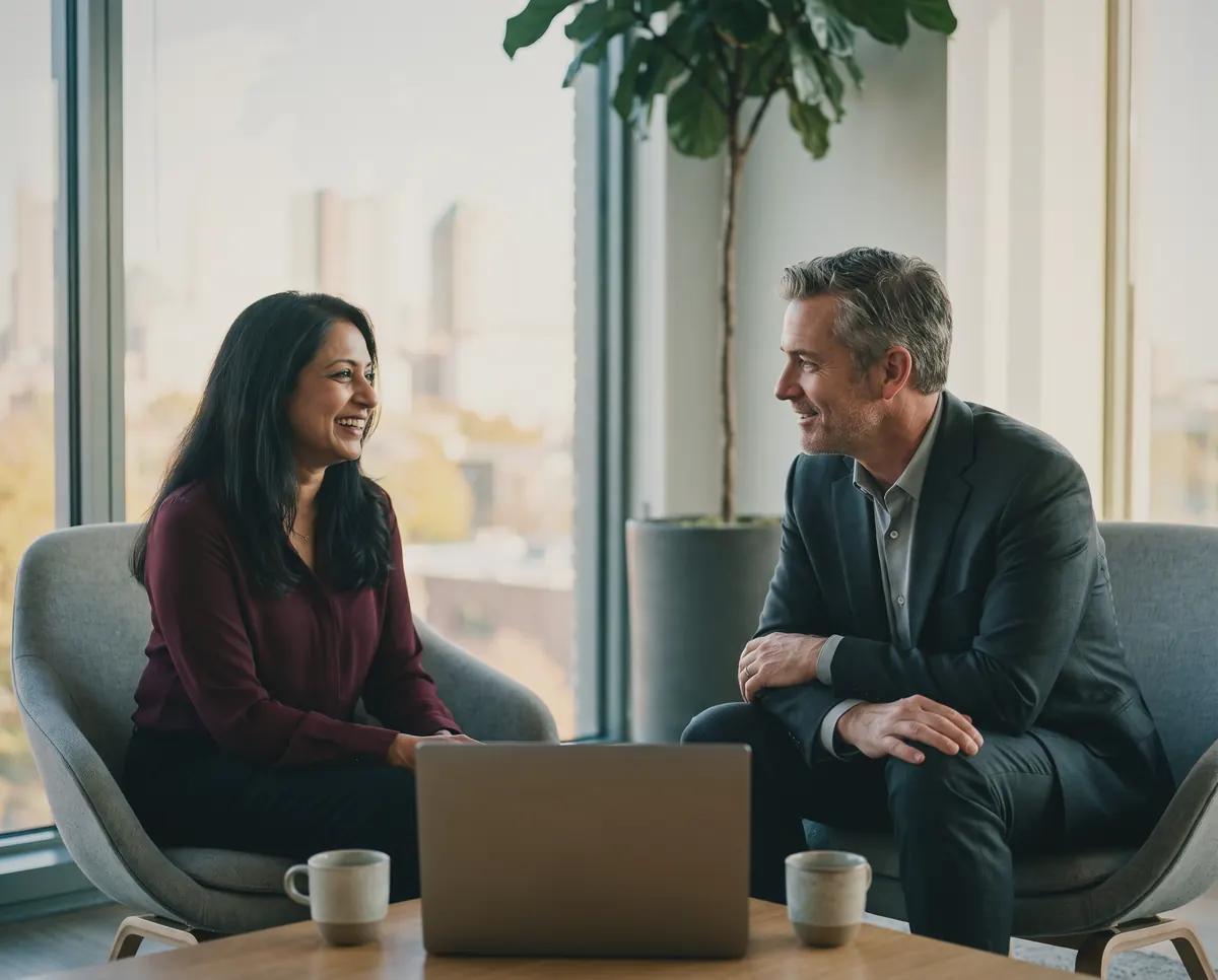 A company owner laughing during a one-on-one with her fractional CFO in a corner office.