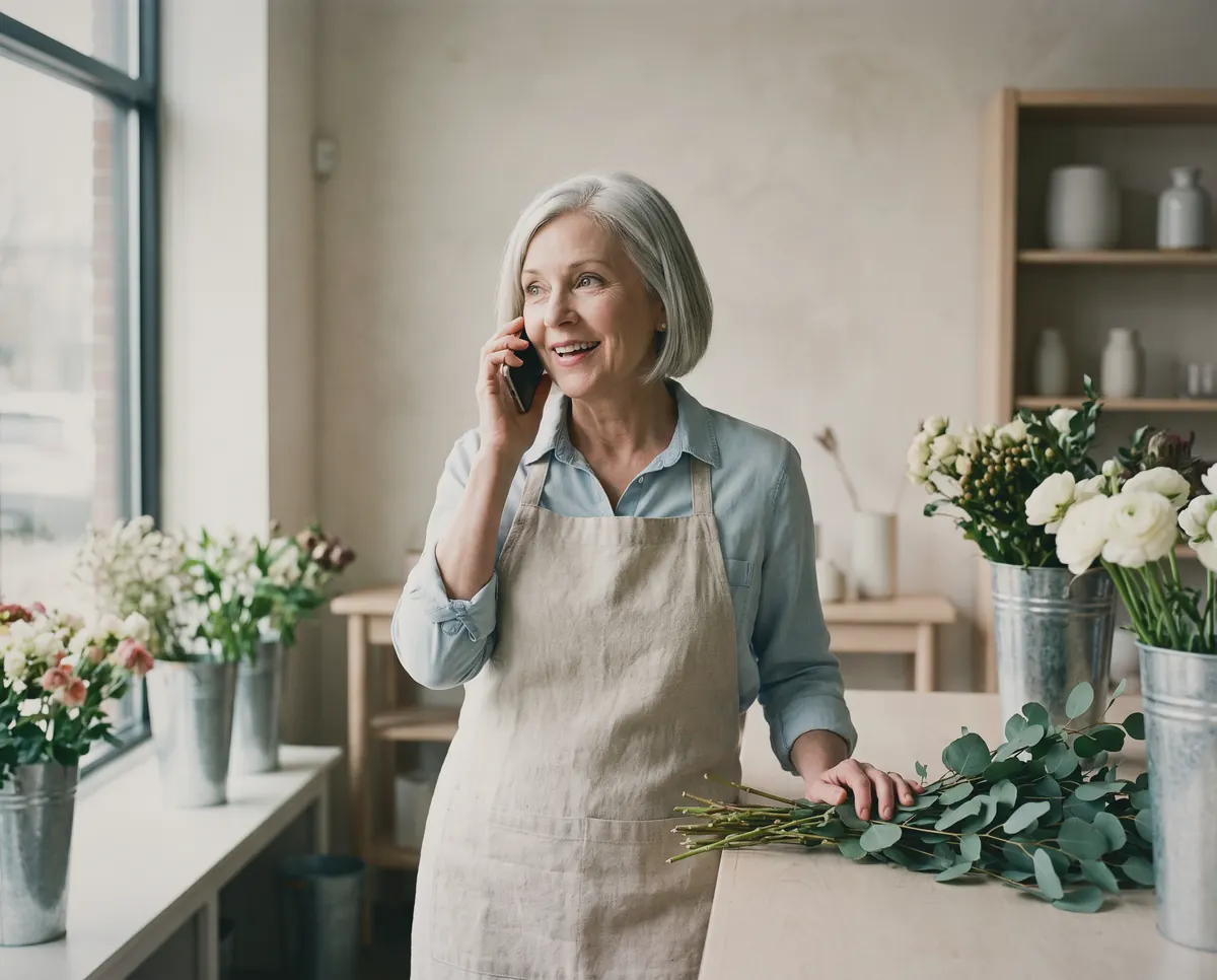 A flower shop owner smiling as she takes a phone call at her worktable.