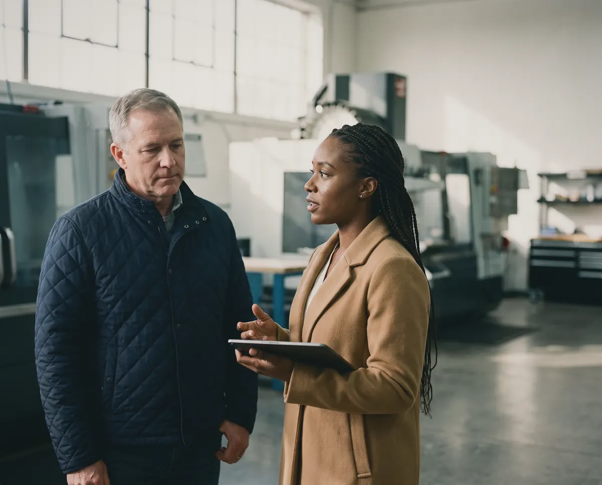 A prospective buyer touring a machine shop with his advisor, who holds a tablet at her side.