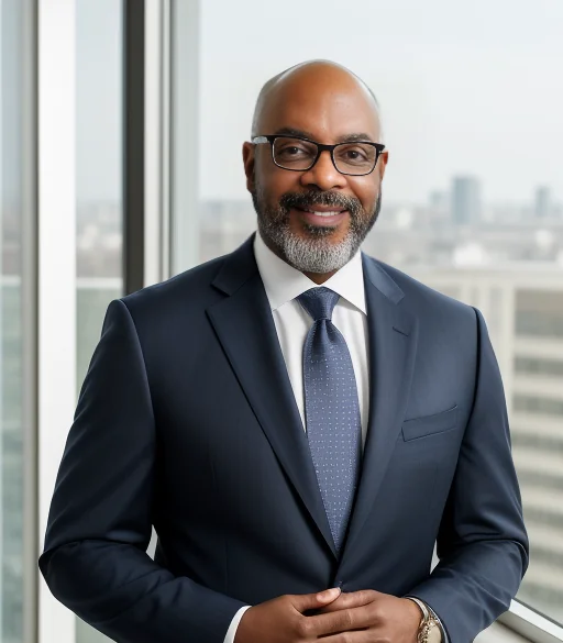 Leon Long Jr. in a navy suit, standing by an office window.
