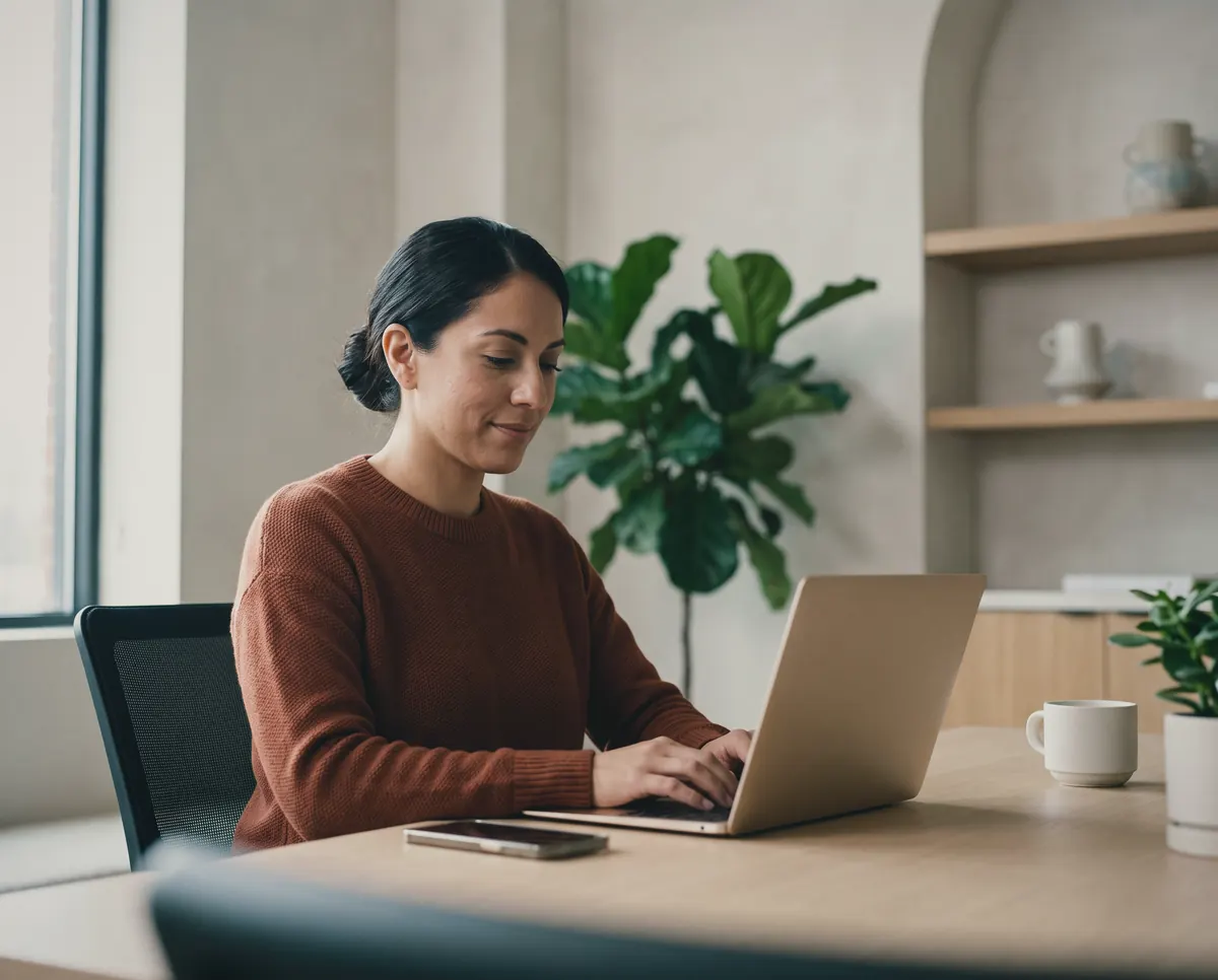 A bookkeeper typing on a laptop at a pale oak desk in a bright office.
