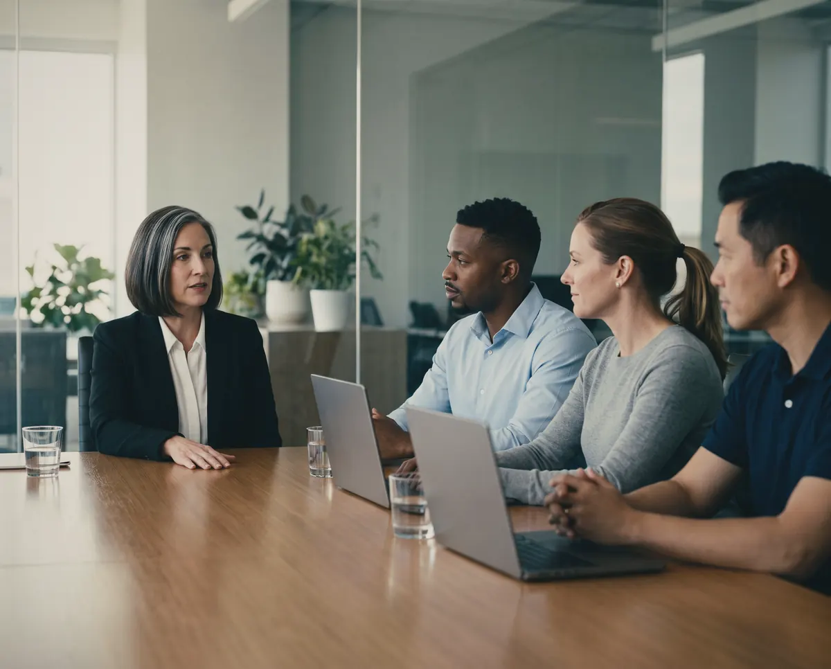 A fractional CFO leading a meeting with three managers in a glass-walled room.