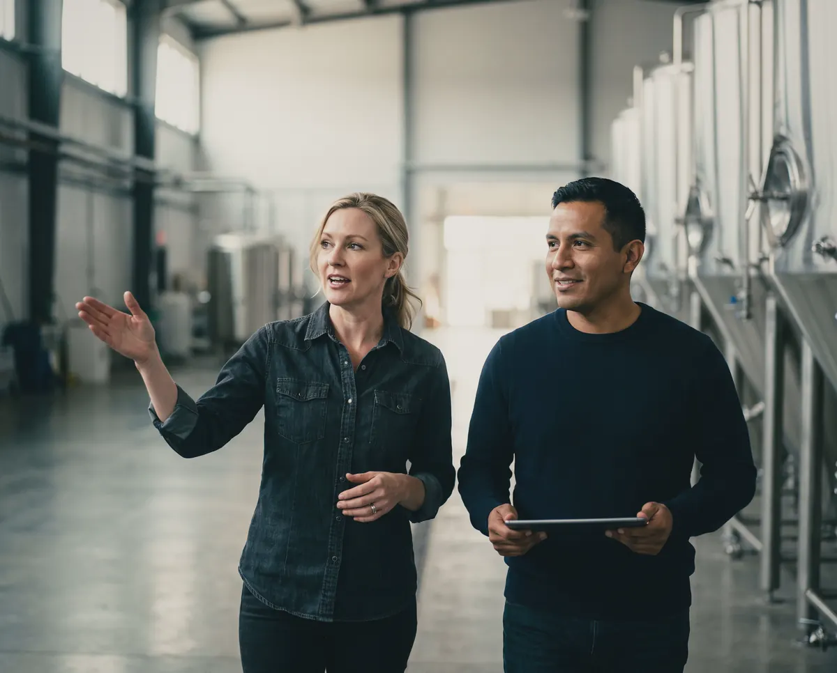 A brewery owner pointing out where new tanks will go while her advisor listens.