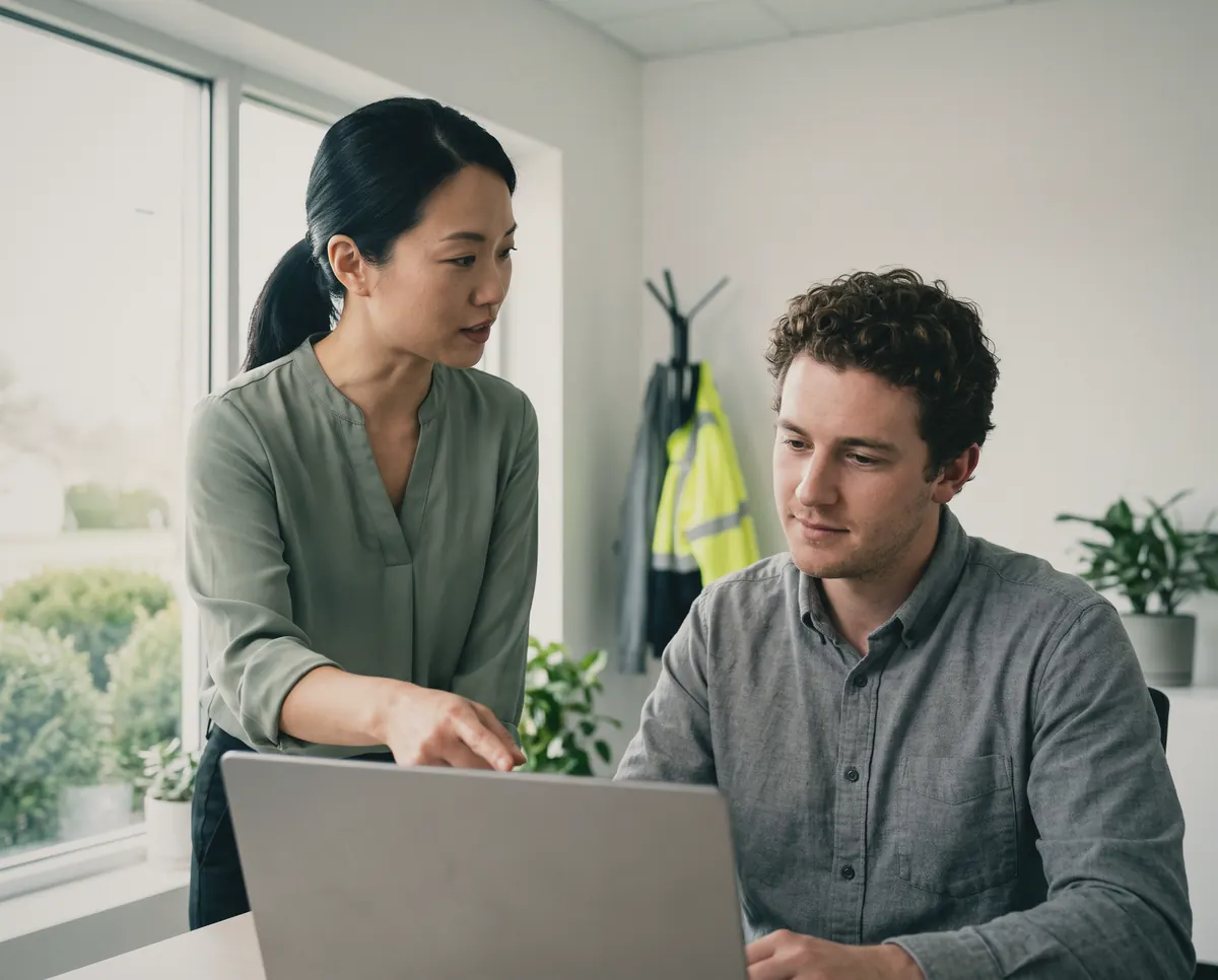 An accountant showing an office manager something on his laptop.