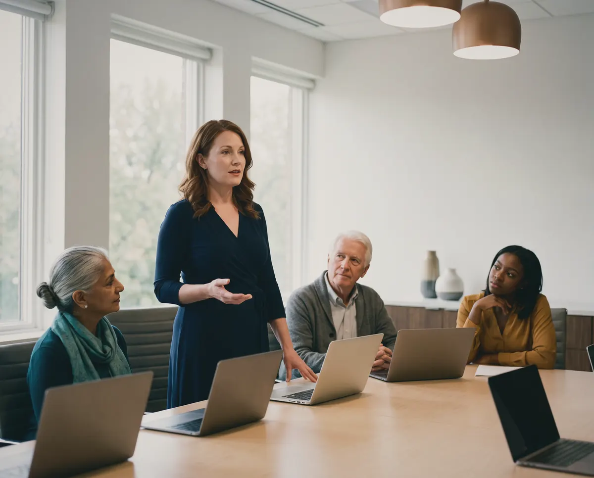 An accountant walking a non-profit board through the month’s results in a meeting room.
