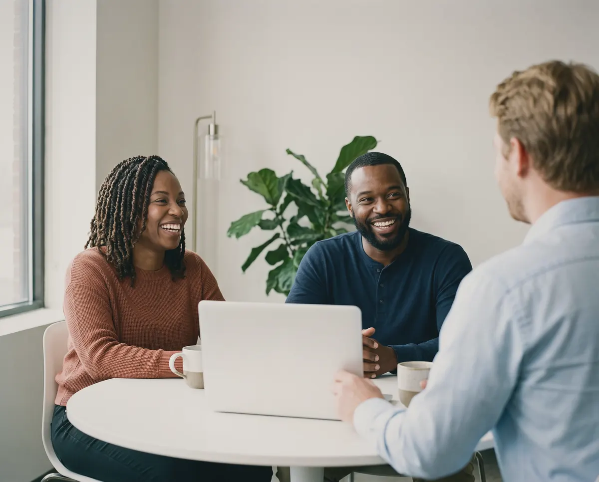 A couple laughing with their accountant at a round table.
